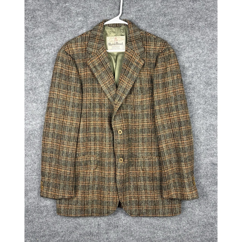 Vintage Harris Tweed Sport Coat Mens 40 42 Wool Herringbone Plaid Scotland